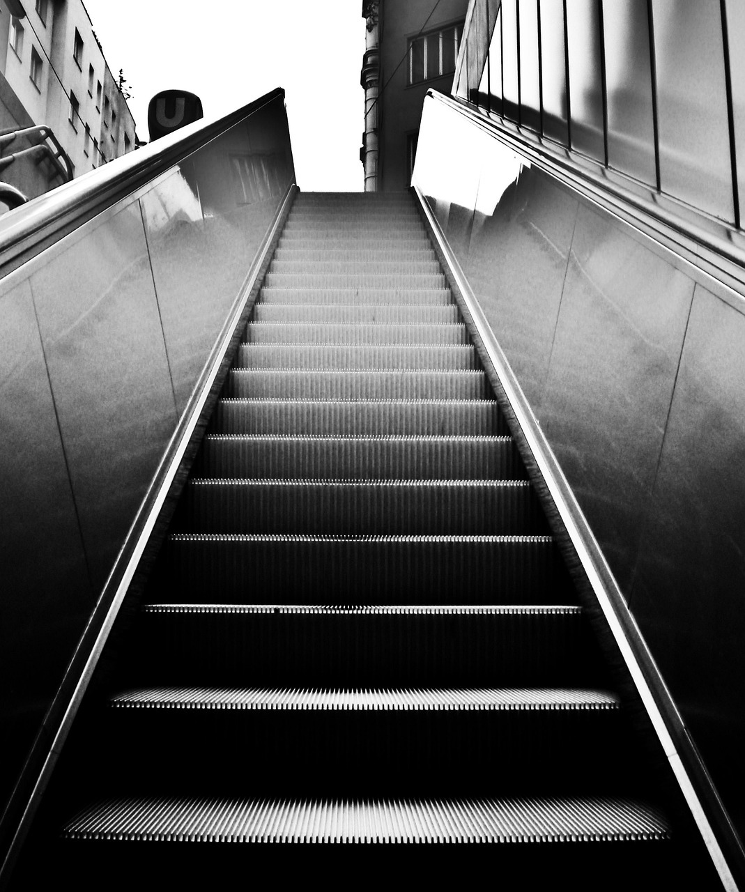 escalator, black-and-white, stairs